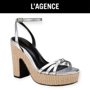 L’AGENCE GENERVA SILVER LEATHER PLATFORM ANKLE STRAP SANDALS RAFFIA HEELS *NIB*